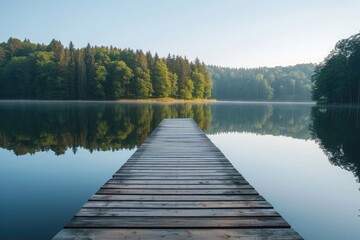  Wooden Dock Positioned on Top of a Lake, A wooden jetty projecting into a serene lake with a line of trees in the background, AI Generated