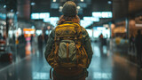 Fototapeta  - Back View of a Woman Traveler with Backpack Walking in the Airport Terminal 