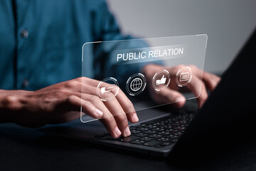 Wall Mural - public relations or communication to customers concept. businessman use laptop with public relations