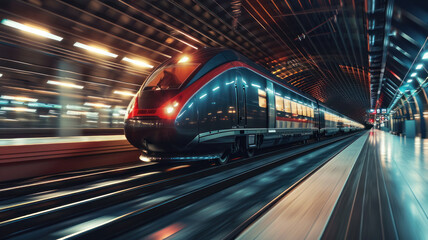 Wall Mural - fast modern express passenger train high speed railway hyperloop moving flash light Futuristic technology hi tech future digital transport hyperloop concept