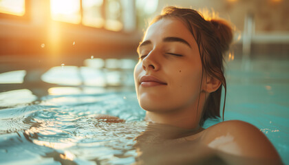 Portrait of a beautiful woman relaxing in the swimming pool