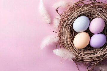 Happy Easter day decoration colorful eggs in nest, top view, pastel color background, with copyspace