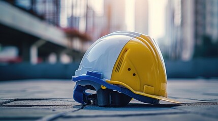 Wall Mural - safety first project of workman as engineer or worker or crew and insurance, business concept. construction safety gear including a white, yellow and blue hard safety helmet on concrete floor on city