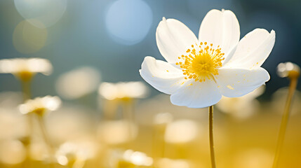 Wall Mural - Artistic macro shot capturing the beauty of a white anemone flower in nature, against a backdrop of blue sky with dreamy bokeh.