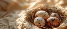 Four Quail Eggs, A Type Of Egg From A Terrestrial Animal, Rest In A Bird Nest On A Paper. This Macro Photography Captures The Beauty Of Natural Foods.
