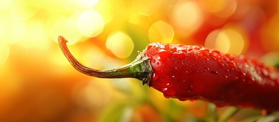 Poster - A vibrant close-up shot of a red chili pepper adorned with glistening water droplets, showcasing the beauty of this natural plant.