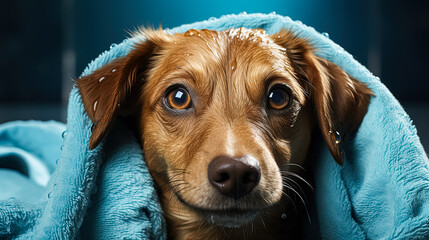 Wall Mural - A small dog, snugly wrapped in a towel post bath