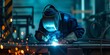 Skilled Welder works in a fabrication shop welding metal work - They are wearing protective Fire resistant clothing