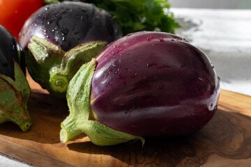 Raw young eggplants vegetable from organic vegetables farm on Fuerteventura island, Canary islands, Spain