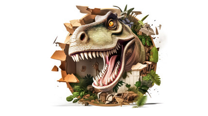 Wall Mural - An impressive rear illustration of a tyrannosaurus bursting out of a sheet of paper