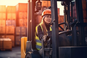 A female foreman driving forklift at shipping container yard, Industrial engineer woman drives reach stacker truck to lift cargo box at logistic terminal dock.