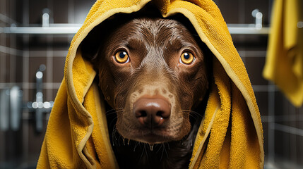 Wall Mural - A dachshund, wrapped in a yellow towel post bath