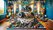 Happy birthday cake background, sprinkles and brithday. Theme  for a boy who loves monster trucks. Birthday card with balloons.Template for design banner,ticket, leaflet, card, poster and so on. 