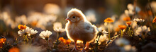 Sunny Easter Meadow: Adorable Chick Amongst Vibrant Flowers, Sun Rays Illuminate, Panoramic Background Offers Copy Space.