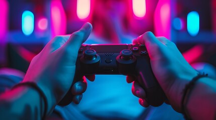 Close-up of hands playing the video game at night