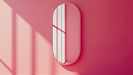 Pink oval mirror on a pink wall.