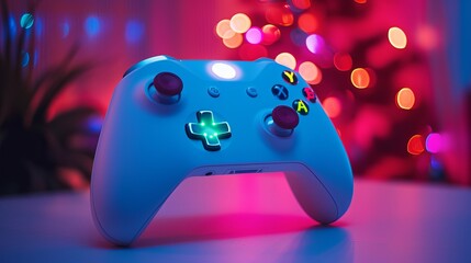 Sticker - White game controller isolated with colored lights illuminating it. Selective focus.