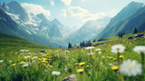 Fototapeta Natura - Beautiful amazing day summer in mountains. Northern country Russia Caucasus wilderness. Inspiring leisure. Green grass and flowers. Generative AI