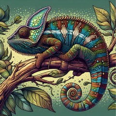  flat logo of Vector chameleon sitting on the tree illustration graphic design 