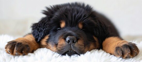 Wall Mural - A brown and black puppy, a carnivorous terrestrial animal from a dog breed, is peacefully resting on a white blanket.