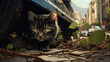 A Cute Cat Hides Between Elderly Vehicle in A Decaying. Generative AI