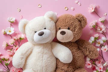 Wall Mural - Two fluffy teddy bears one white and one brown cuddle on a vintage pink background in a top down view
