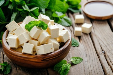 Poster - Wooden background showcases raw organic vegetarian tofu cubes garnished with fresh mint