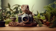 A captivating 3D illustration showcasing a dinosaur equipped with a camera