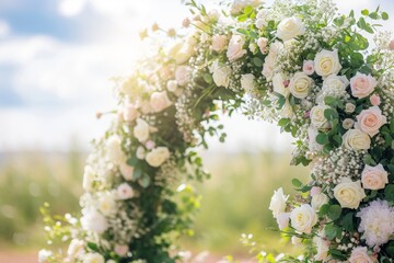  Wedding preparation with a gorgeous floral arch in a meadow