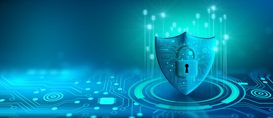 Wall Mural - shield with padlock icon on circuit board and network wireframe with binary code over blue backgroun