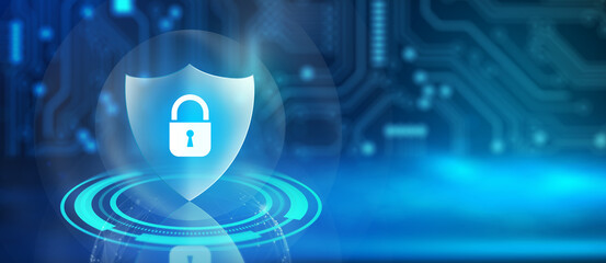 Wall Mural - shield with padlock icon on circuit board and network wireframe with binary code over blue backgroun