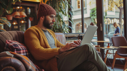 Young man using laptop computer at the cafe, working remote and technology concept