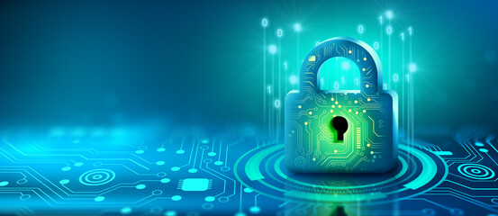 Wall Mural - padlock with keyhole in data security on converging point of circuit. cyber data and information pri