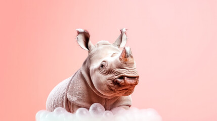 Wall Mural - A rhinoceros, freshly bathed and wrapped in a towel