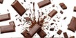 frozen movement of chocolate bars exploding/throwing out chocolate bars on a white background.