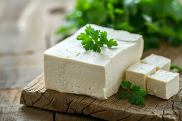 Canvas Print - Fresh Tofu on wooden background close up shot