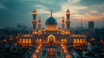 Wall Mural - mosque with crescent moon background at night with stars