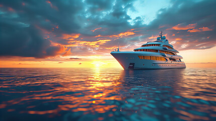 cruise ship yacht on a tour tourism vacation in the middle of sea ocean, cruise ship at sunset