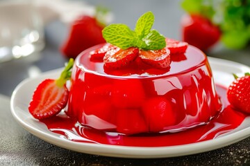 Sticker - Selective focus on a delightful chilled red strawberry jelly dessert also known as gelatin desserts jelly or Jello