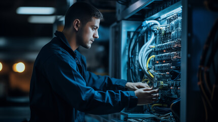 Young male engineer conducting server diagnostics