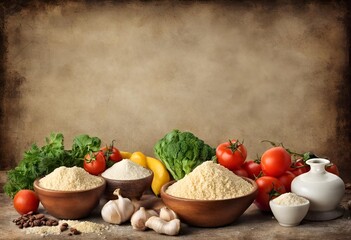 food ingredients on old background, Vegetarian food, health or cooking concept.

