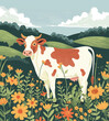 Wonderful illustration for a children's book, a postcard with a cow grazing in a meadow.