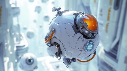 close up of a robot, 3d overwatch style, stylized cartoon sci fi sphere robot hovering, simplified, white on white background ,cute, overwatch style