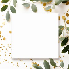 Blank white letter paper mockup surrounded with eucalyptus leaves . AI generated image.