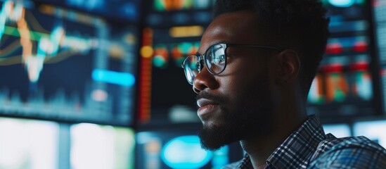 Wall Mural - a man with glasses is focused on a computer screen, surrounded by darkness and immersed in entertain