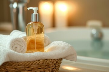 Poster - Close up of a white towel on a basket with a liquid soap bottle in a bathroom representing hygiene and a healthy lifestyle