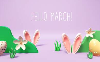 Wall Mural - Hello March message with rabbit ears and Easter eggs