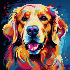 Blacklight painting-style Golden Retriever dog, Golden Retriever dog pop art illustration.