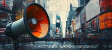 Captivating Wide-format Collage Featuring A Classic Red Megaphone Against The Bustling Backdrop Of Times Square