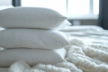 Wall Mural - Close up of white pillows and blanket with blurred background